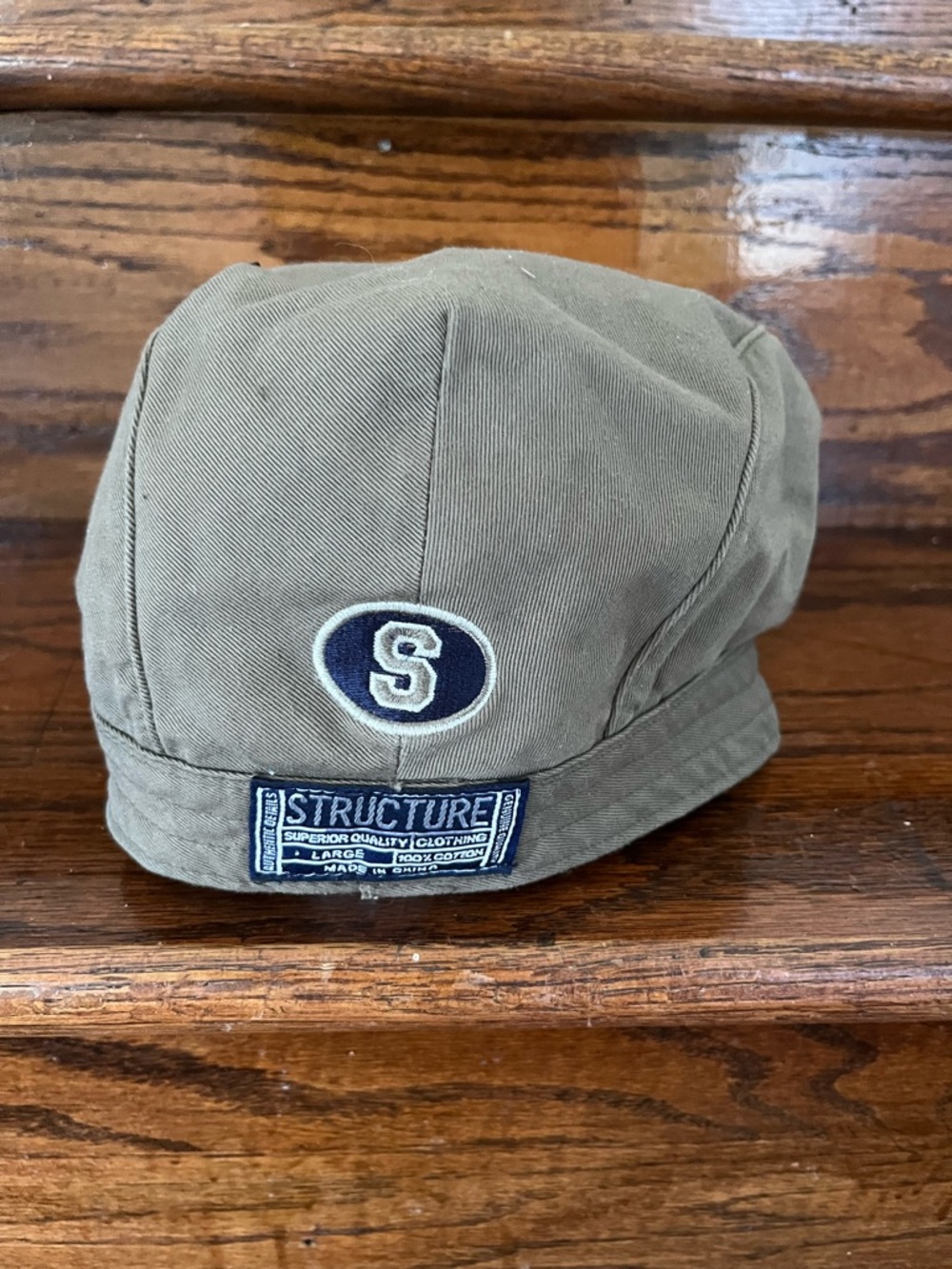 Vintage Structure Olive Green newsboy with Embroidered 'S' Patch. Ivycap